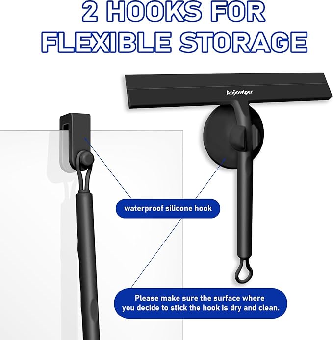 Shower Squeegee for Glass Doors with Adhesive Hook, All-Purpose Squeegee for Shower Glass, Bathroom, Window, Mirror, Car Glass and Tile Wall-8.6 Inches,Black