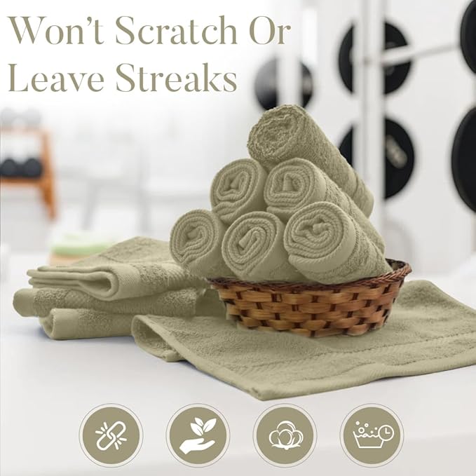 DAN RIVER 12-Pack Premium 100% Cotton Beige Face Towels – Reusable Face Towel Set, Soft & Absorbent Thin Wash Cloths for Bathroom & Body – Hand and Face Towels, 550 GSM (12x12 in)