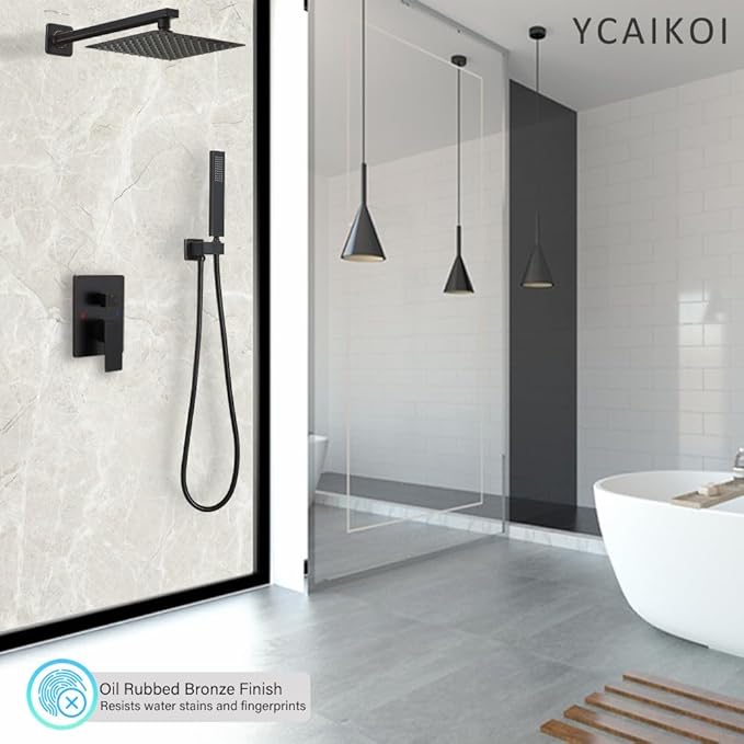 Oil Rubbed Bronze Shower System YCAIKOI Wall Mount Shower Faucet Set for Bathroom 10 Inch High Pressure Luxury Shower Head with Handheld, Rough-in Valve Body and Trim Included