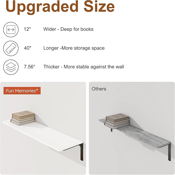 White Floating Shelves 40"W x 12"D, Deep Wall Shelves with Brackets for Books, Plant, 12 Inch Deep Bathroom Shelf Set of 2, Large Floating Shelf for Living Room, Bedroom, Kitchen, Set of 2
