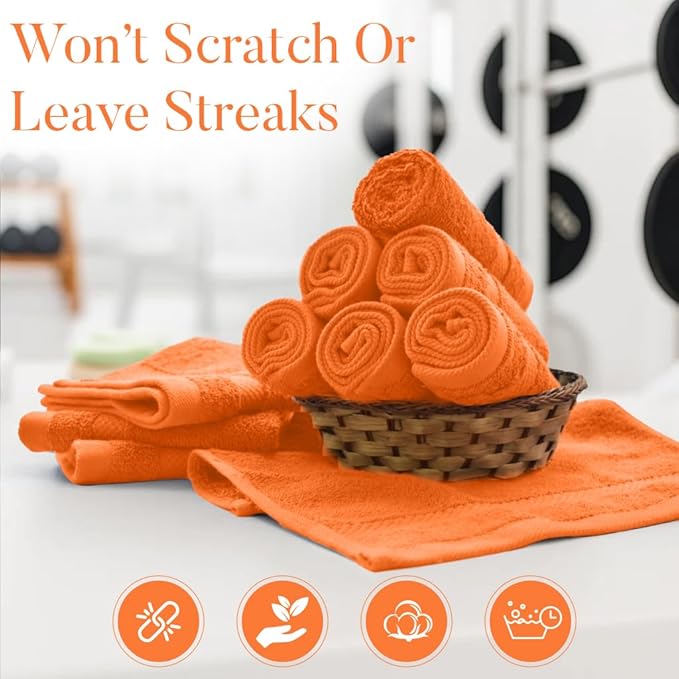 DAN RIVER 12-Pack Premium 100% Cotton Orange Face Towels – Reusable Face Towel Set, Soft & Absorbent Luxury WashCloths for Bathroom & Body – Hand and Face Towels, 550 GSM (12x12 in)