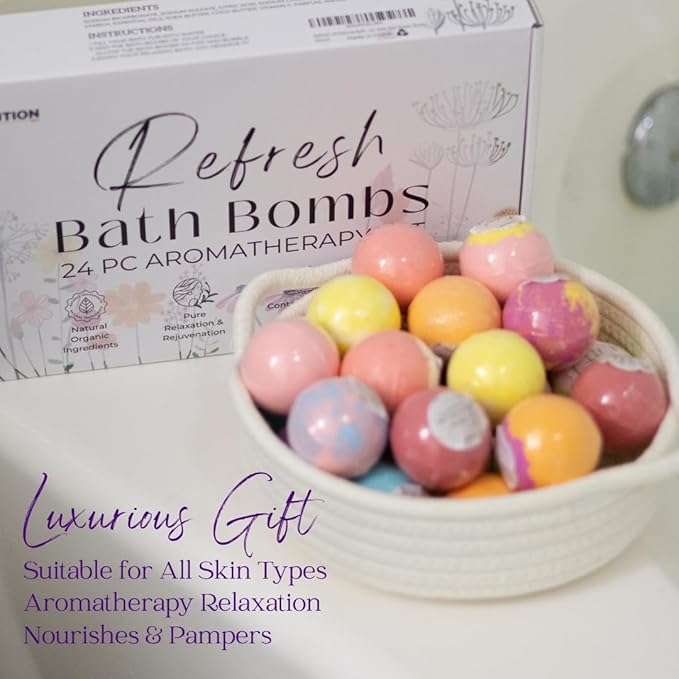 EvolutionUSA Refresh Bath Bombs for Women, 24 Lush Bath Bombs Mini Sized, Luxurious Womens Gift for Mother's Day, Easter, Birthday or Self Care, Luxurious & Relaxing Bathbombs, Womens Bath Balls