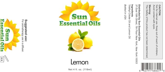 Sun Essential Oils - Lemon Essential Oil 4 oz for Cleaning, Diffuser, Humidifier & Aromatherapy Body Massage, Lemon Fragrance Scent for Home Candle Making with Dropper