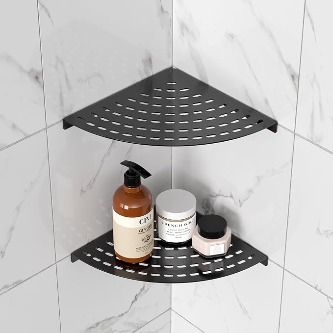 2 Pack Corner Shower Shelves 304 Stainless Steel Shower Corner Shelf Matte Black 8 in Corner Shower Shelf Prevent Rust Drilling Installation
