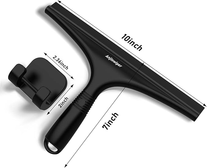 All-Purpose Shower Squeegee for Glass Doors with Hook, Silicone Squeegee for Shower Glass, Shower Doors, Windows, Bathroom, Mirrors and Tiles（10 inch, Black）