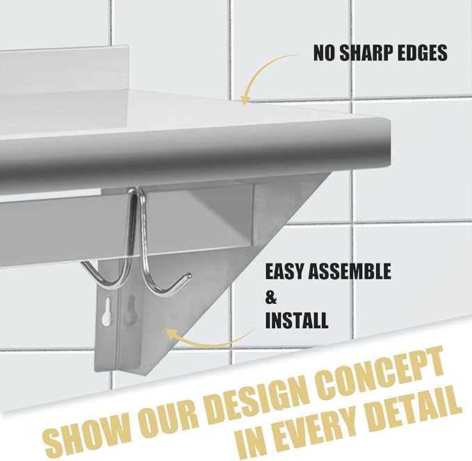 Hally Stainless Steel Shelf with 6 Hooks 12" x 36" Wall Mounted Pot Rack, NSF Commercial Floating Shelving for Storage Hanging Pots, Pans, cookware in Restaurant, Kitchen, Home and Hotel