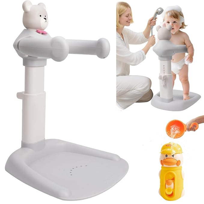 Adjustable Baby Shower Stand with Bear Design, Portable Bath Support with Non-Slip Base, Bathing Toy with Baby Bathing Station (Grey)
