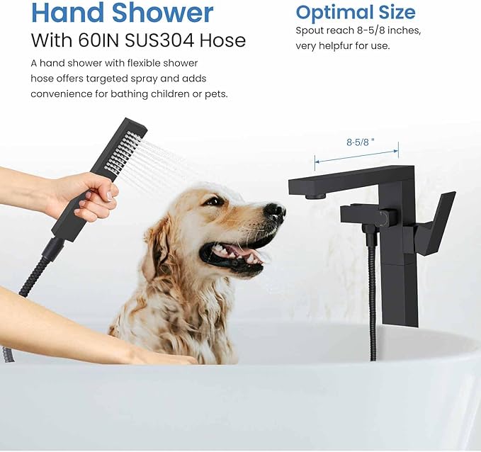 KIBI Cube Floor Mount Tub Filler with Hand Shower in Matte Black | Solid Brass Single Handle Freestanding Bathtub Faucet with 360° Swivel Spout, Modern Bath Faucet for Tub and Shower (KTF302MB)