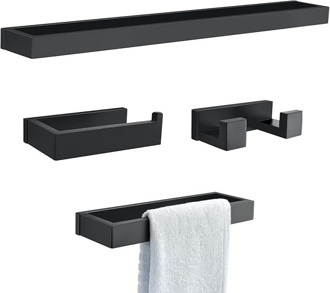 TNOMS Black Towel Bar Set, 4-Pieces Bathroom Hardware Set Modern Bathroom Towel Holder Set SUS304 Stainless Steel Wall Mounted Towel Rack Set,23.6 Inch