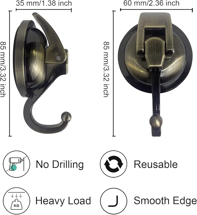 Heavy Duty Suction Cup Hooks for Shower, Bathroom Robe - Vacuum Glass Hooks, Reusable, No Hole Punched, for Garland Decoration (Bronze, 2 Pack)