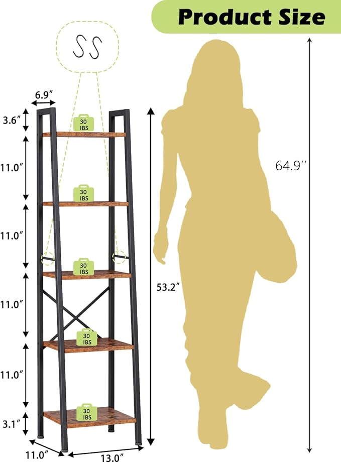 Furologee 5 Tier Ladder Shelf Bookcase, Tall Narrow Bookshelf with 2 Hooks, Rustic Brown Bathroom Corner Book Shelf, Metal Wood Book Case Standing Unit, Display Shelf for Living Room Office Kitchen