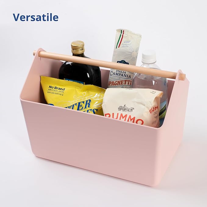 BLUE GINKGO Large Storage Basket – Plastic Caddy with Wooden Handle for Bathroom, Pantry, or Cleaning Supplies (Pink)