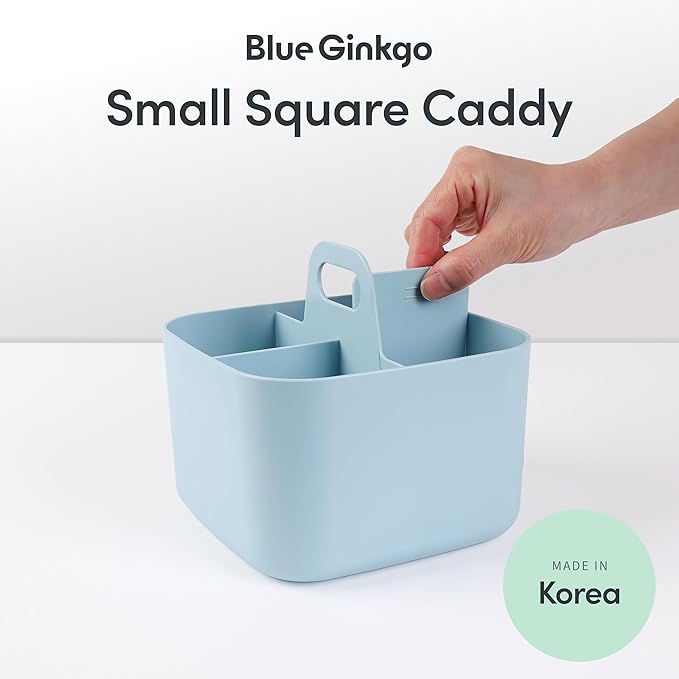 BLUE GINKGO Small Stackable Organizer Caddy – Korean-Made Portable Tote for Bathroom, Office, Crafts, or School Supplies (Square, Blue)
