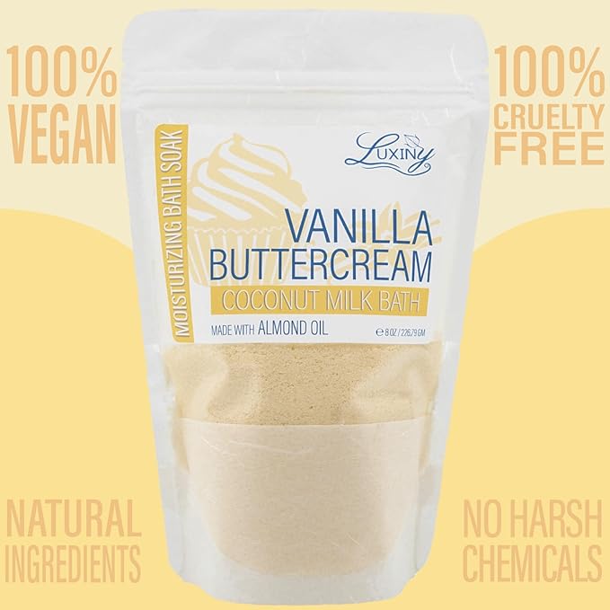 Luxiny Vegan Milk Bath Soak Made with Moisturizing Coconut Milk Powder & Sweet Almond Oil for a Bath Bomb Dust Soothing Fizz & Relaxing Soak, 8 oz. (Vanilla Buttercream)