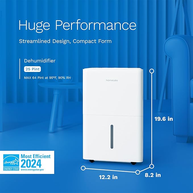 hOmeLabs Dehumidifier - Advanced Humidity & Moisture Control, Quiet, Efficient, Auto Shut-off, Ideal for Home, Basement, Office - 3,500 Sq Ft Wi-Fi (25 Pint MAX 64 Pint at 95°F, 90% RH)