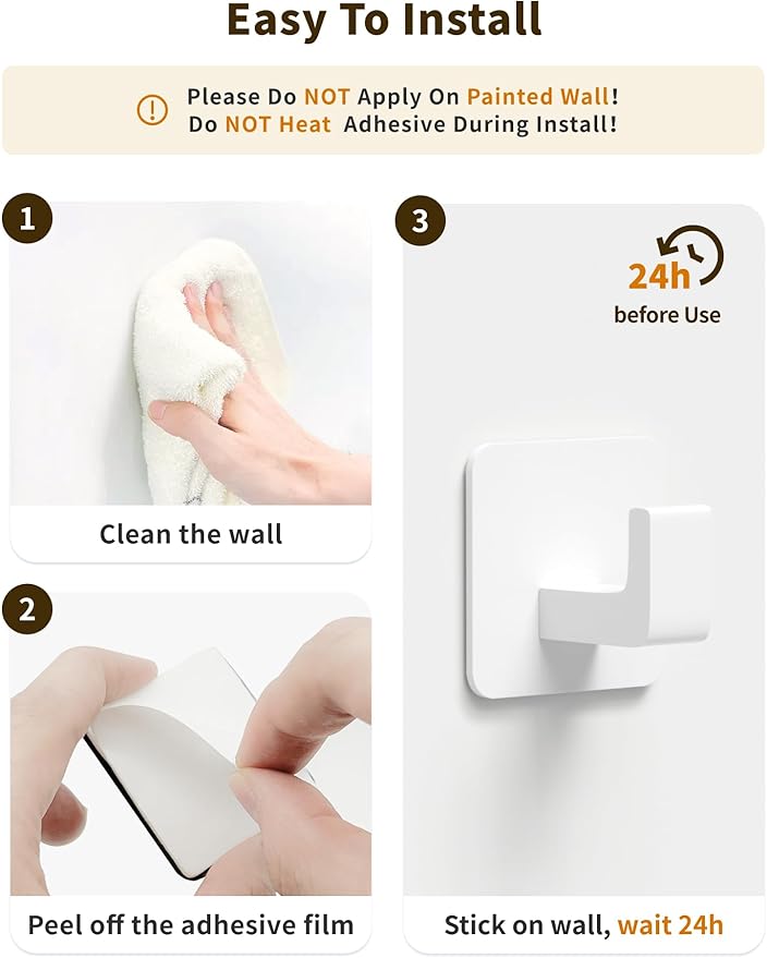 Square Self Adhesive Towel Hooks - 4 Pack Matte White Metal Hooks, Right-Angle Design for Towels, Robes & Hats, Organize Bathroom, Kitchen, Entryway, Doors, Cabinets on Smooth Surfaces