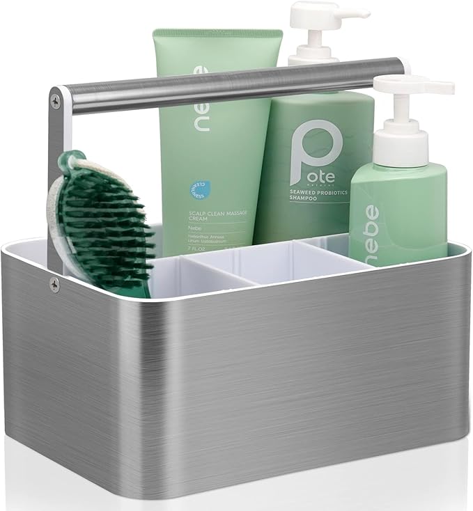 Plastic Shower Caddy Basket - Portable Large Bath Storage Organizer Bin Tote with Handle and divider for College Dorm,Cabinet,Bathroom Counter, Brushed Nickel White