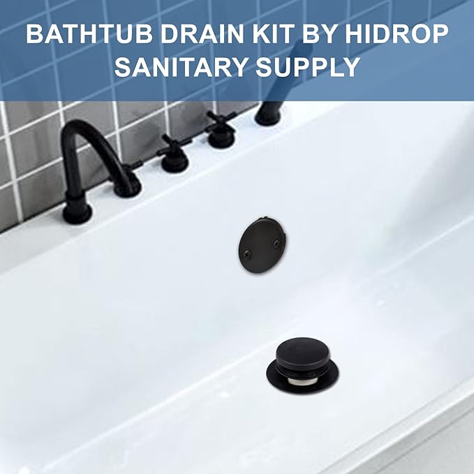 Black Tub Drain Tip-Toe Tub Trim Set Conversion Kit Assembly, Hidrop Bathtub Drain Replacement Trim Kit with 2-Hole Overflow Faceplate and Universal Fine/Coarse Thread, Matte Black