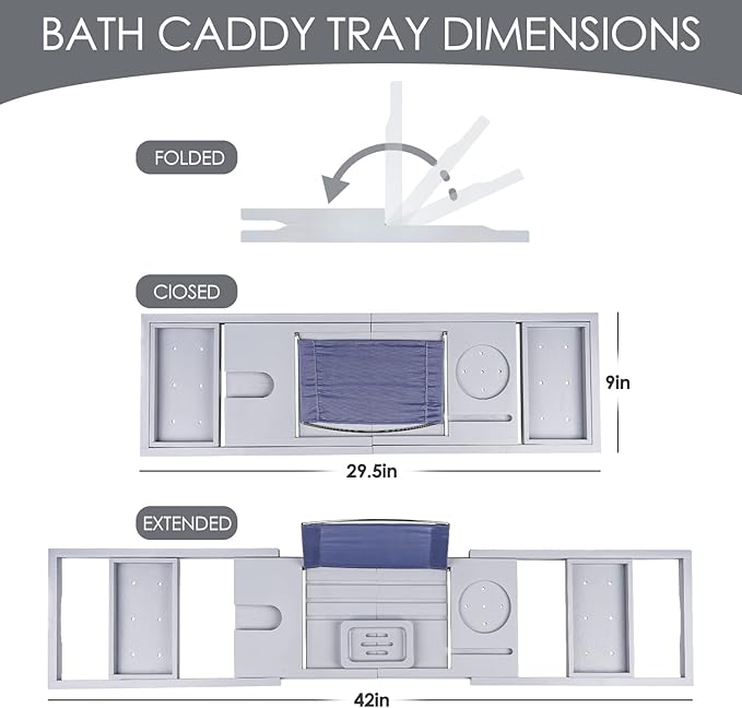 Foldable Bathtub Caddy Tray, Bamboo Bath Tub Tray Table for Tub with Wine Glass Holder Book Phone Tablet Holder with Extending Sides, Adjustable Bathroom Bathtub Free Soap Holder Gift Idea (Grey)
