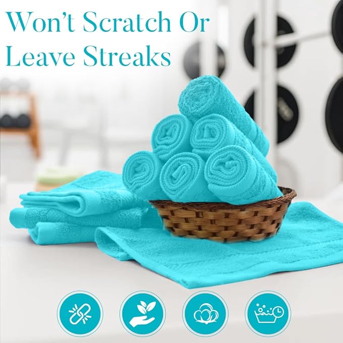 DAN RIVER 12-Pack Premium 100% Cotton Aqua Face Towels – Reusable Face Towel Set, Absorbent & Soft Wash Cloths for Bathroom & Body – Hand and Face Towels, 550 GSM (12x12 in)