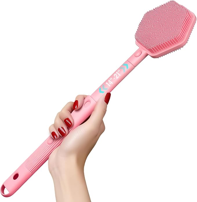 Silicone Back Scrubber for Shower – 21in Extendable Shower Brush with Long Handle – Dual-Sided Back Brush with Non-Slip Grip, Gentle Cleansing & Exfoliation for Men, Women, Elderly (Pink)
