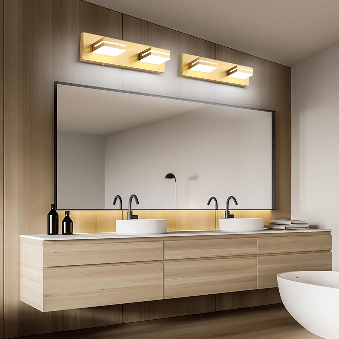 SineRise LED Modern Bathroom Vanity Light Fixtures (2-Light, 15.5-Inch, Dimmable), Matte Gold Modern Acrylic Bathroom Wall Lighting Fixtures Over Mirror (Cool White 6000K)
