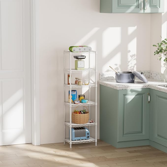 SINGAYE 6 Shelves Storage Shelf Wire Closet Bathroom Organizers Metal Pantry Kitchen Small Garage Shelving Unit Laundry Room Organization Home Corner Rack Estantes para Cocina White 10" Dx16 Wx60”H