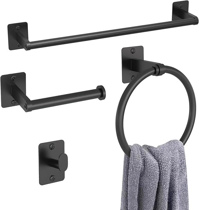 Matte Black Bathroom Accessories Set, 4 Pieces Bathroom Hardware Set, 16 inch Towel Bar, Towel Racks for Bathroom, Robe Towel Hooks, Toilet Paper Holder Wall Mounted