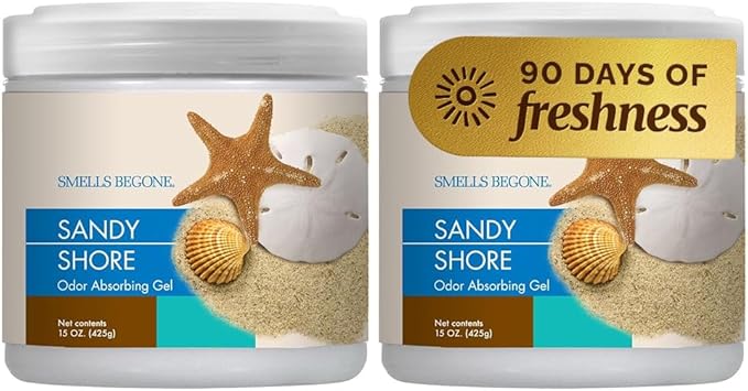 SMELLS BEGONE Air Freshener Odor Absorber Gel - 15 oz, Pack of 2 - Absorbs and Eliminates Odor in Pet Areas, Bathrooms, Cars, & Boats - Made with Essential Oils - Sandy Shore Scent