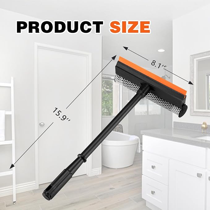 2 in1 Window Squeegee for Car, Window Cleaner with 16inch Long Handle,Sponge Car Window Squeegee for Gas Station, Glass,Shower,Outdoor High Window Cleaning
