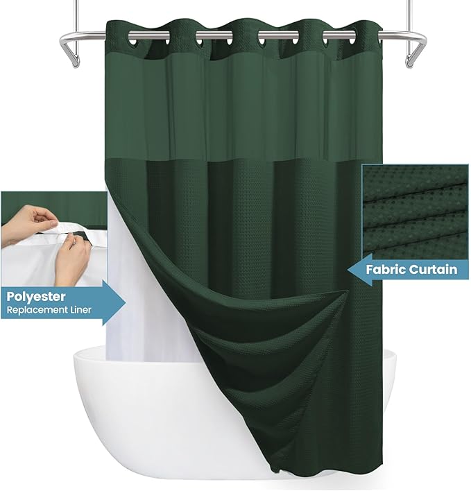 Dark Green Shower Curtain and Liner Set - 230GSM Waffle Weave Textured Heavy Duty,Hotel Luxury Weighted Bath Curtain,71W x 74H