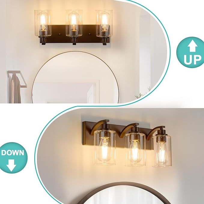 3-Light Bathroom Light Fixtures Modern ORB Vanity Lights for Bathroom Lighting Fixtures Over Mirror with Clear Glass Shade for Cabinet Mirror Bedroom Hallway