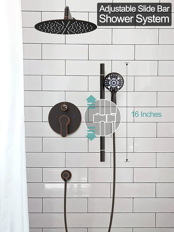 SR SUN RISE 12 Inch Oil Rubbed Bronze Shower System, Wall-Mount Adjustable 16-Inch Slide Bar with 6-Function Hand Shower Faucet Included Valve and Trim Kit