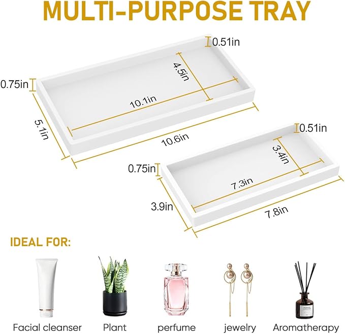 Bathroom Counter Tray,EG-SIPRO High-Grade Thickened Silicone Bathroom Vanity Tray,Shatterproof Durable Rectangle Bathroom Soap Dispenser Tray for Bathroom Countertop,White,Small+Large (EGTRAY)