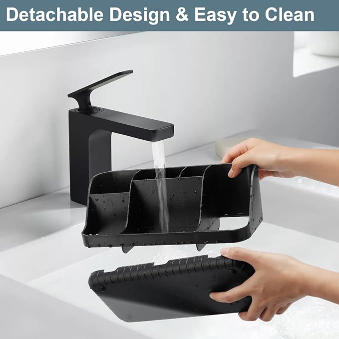 Black Toothbrush Holder - 7 Slots Bathroom Organizer Countertop with Drainage Matte Black Electric Toothbrush and Toothpaste Holder for Bathroom Accessories Organization Vanity Sink Storage
