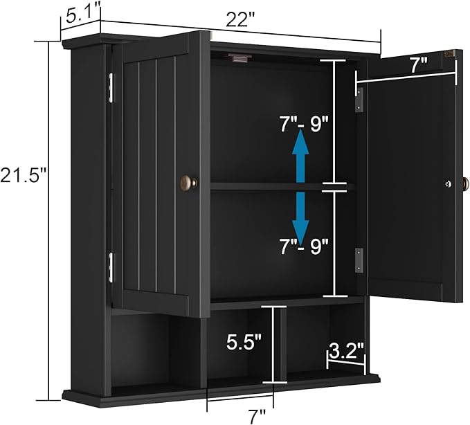 ChooChoo Bathroom Cabinet Wall Mounted 2-Door with 3 Open Shelves， Wooden Medicine Cabinets with Adjustable Shelf，Space Saver Storage Cabinets Over The Toilet for Bathroom&Living Room，Black