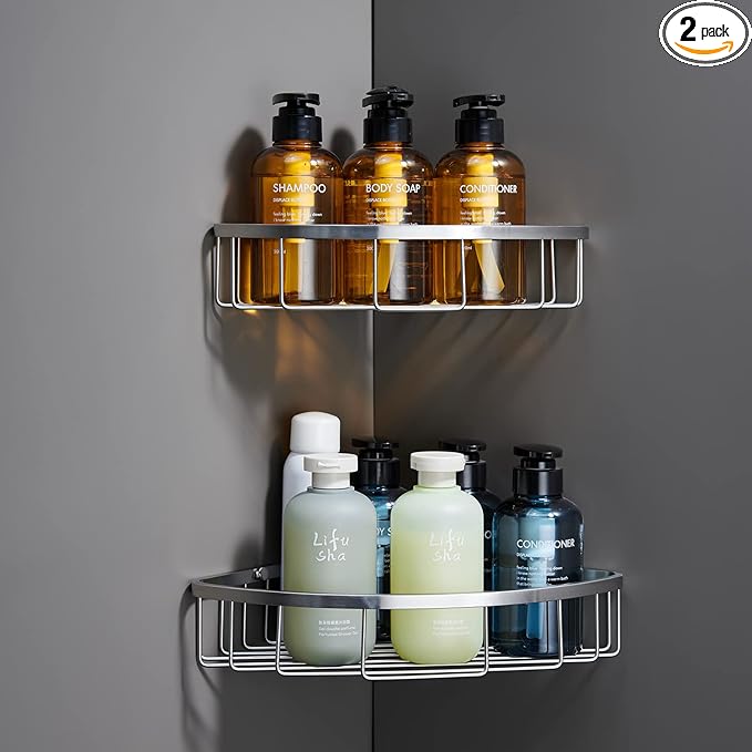 [2 Pack] Corner Shower Caddy Organizer, SUS304 Stainless Steel Heavy Duty Rust-Proof Shelf Shampoo Holder, Wall Mounted Storage Rack for Bathroom Kitchen, Brushed Nickel
