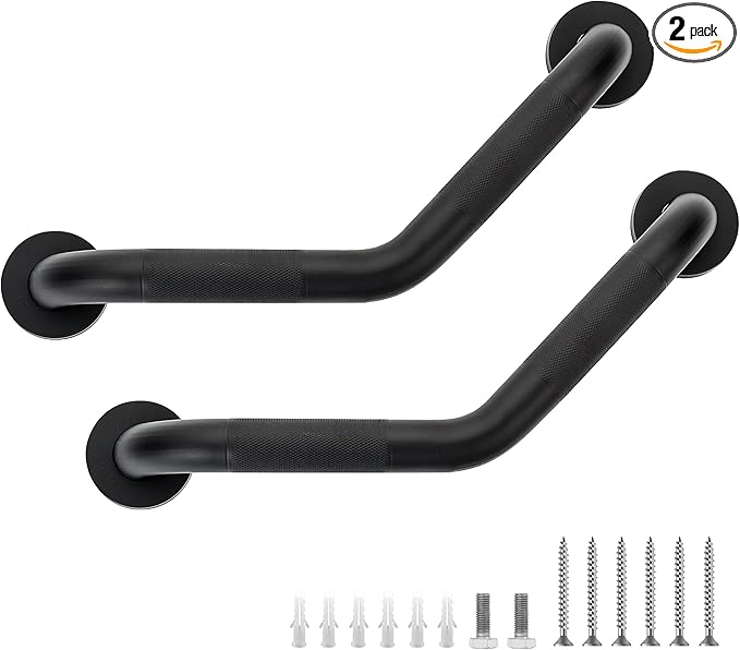 Grab Bars for Bathtubs and Showers- 1-1/4 x 16 Angled Shower Grab Bar for Seniors Knurled Stainless Steel Handicap Grab Bars for Wall (Black, 2 Pack)
