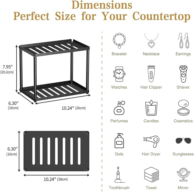 2 Tier Bathroom Counter Organizer, Rectangular Vanity Organizer Shelf, Skincare and Makeup Countertop Storage Rack for Kitchen, Bathroom, Bedroom, Black (Standard Version)