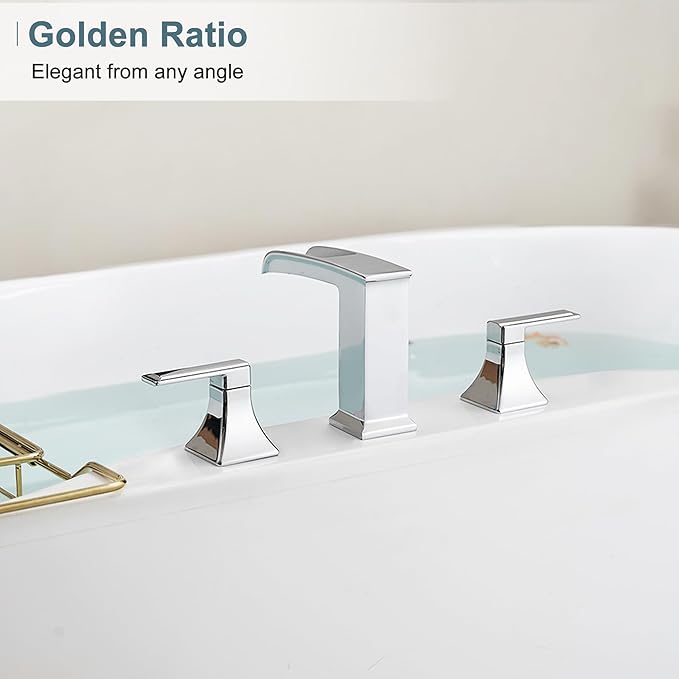 Brass Roman Tub Faucets, High Flow Waterfall Deck Mount Bathtub Faucet Set, Widespread 3 Hole with Dual Handles & Pre-Installed Hose, Modern Style Suit Soaking Tub, Chrome