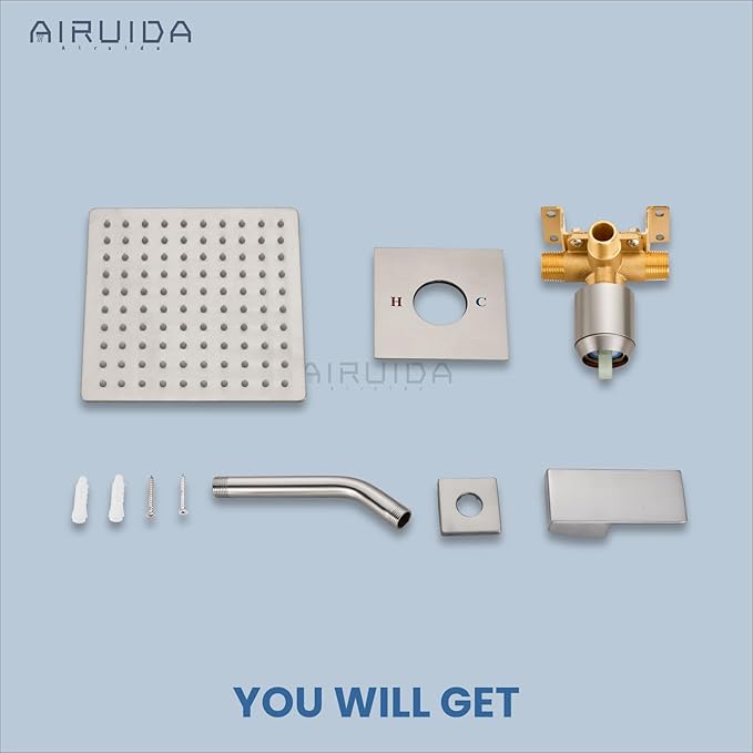Airuida Shower Faucet Set Bathroom Rain Shower System SUS304 Stainless Steel Single Handle With Male Threads Rough-in Valve Shower Trim Kit 8 Inch Wall Mount Shower Head Brushed Nickel