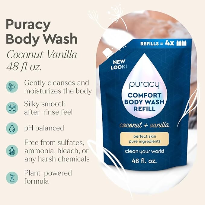 Puracy Body Wash Refill, Natural Body Wash, 98.6% Pure Plant Ingredients, Moisturizing Shower Gel for Women Men Kids, Body Soap for Dry Sensitive Skin. Gently Scented with Coconut & Vanilla, 48 Ounce