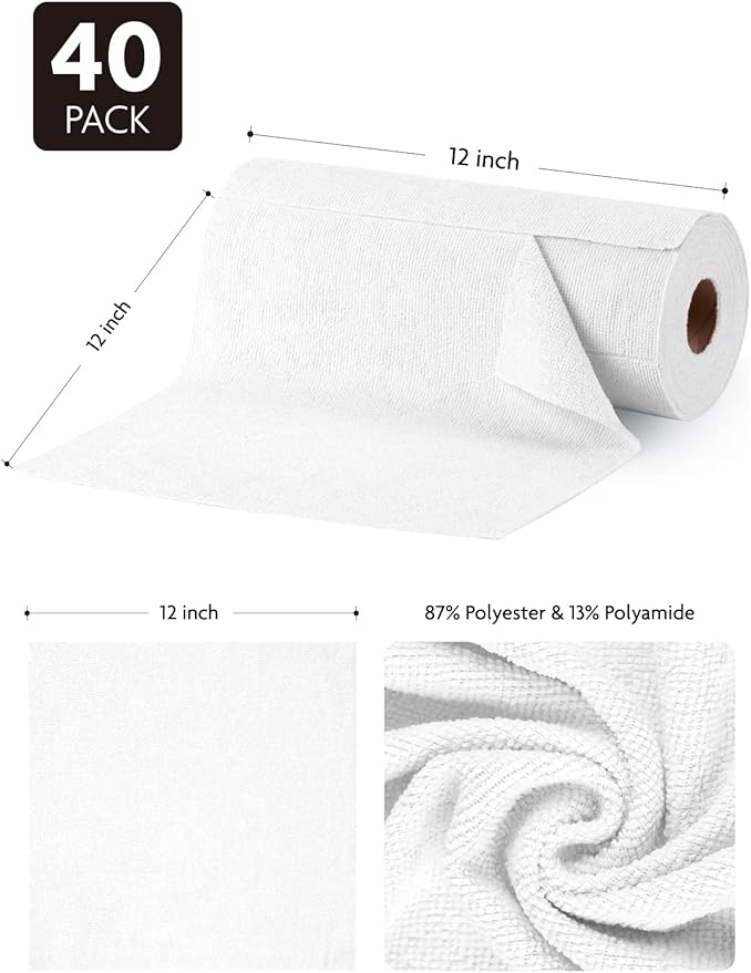 Fantasticlean Microfiber Cleaning Cloth Roll -40 Pack, Tear Away Microfiber Towels, 12" x 12", Reusable, Washable, Scratch Free, Ultra Absorbent Dishcloth for Car, Home Supplies, Pet, Kitchen (White)