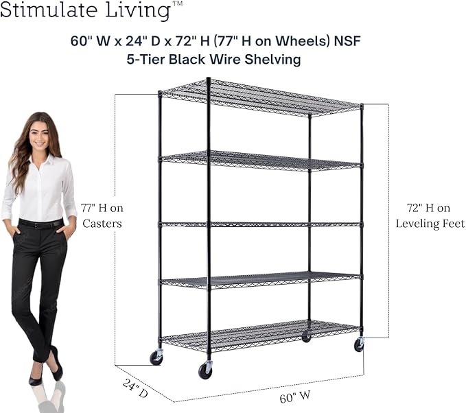 60"x24"x72" PRIME HEAVY DUTY Black 5-Tier Wire Shelving NSF 3000 LBS MAX Capacity Storage Rack for Commercial, School, Home, Garage, Warehouse, Industrial, and Hospital Uses (with Wheels)