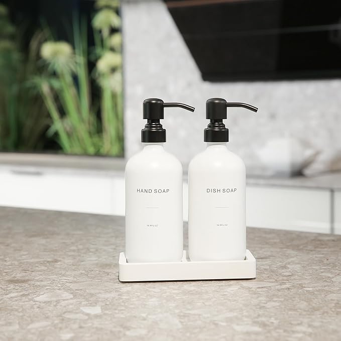 Kitchen Soap Dispenser Set, White Soap Dispenser with Black Stainless Steel Pump, Perfect for Modern Kitchen Decor. (White)