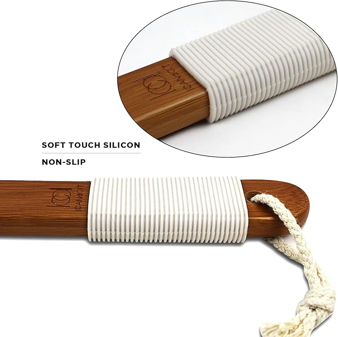 ICANdOIT-17.71Inch Natural Boar Bristles Anti-Slip Long Handle Bath Brush,Bent Handle Shower Scrubber for Exfoliating,Shower Back Brush,Exfoliation Set with Pumice Stone (1 Pack)