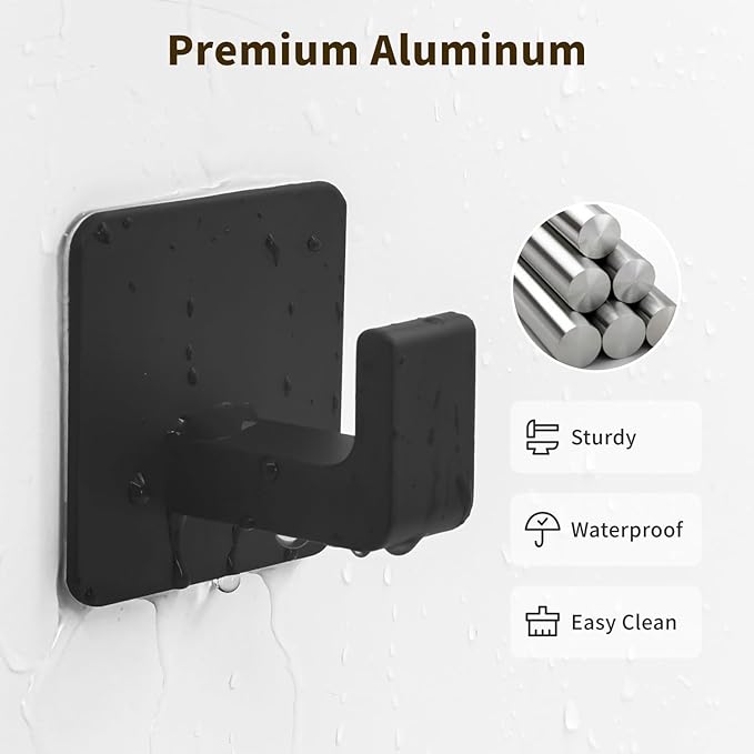Square Self Adhesive Towel Hooks - 2 Pack Matte Black Metal Hooks, Right-Angle Design for Towels, Robes & Hats, Organize Bathroom, Kitchen, Entryway, Doors, Cabinets on Smooth Surfaces