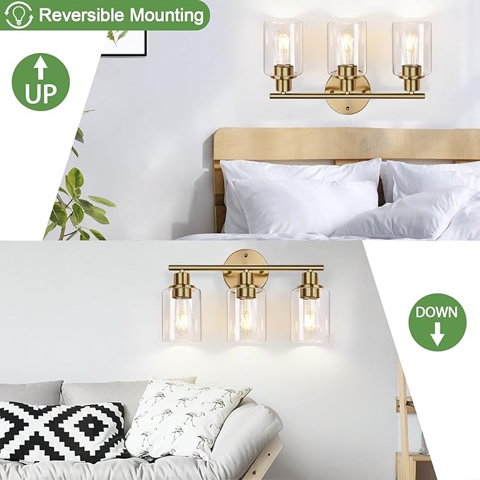3-Light Gold Bathroom Light Fixtures, Modern Bathroom Vanity Light with Clear Glass Shade, Brushed Gold Bath Wall Mount Lights, Wall Lamp for Mirror Kitchen Bedroom Hallway Living Room Hallway