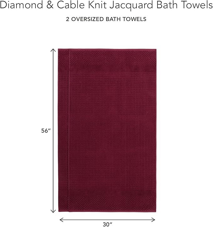 Texere 100% Organic Cotton Diamond Jacquard 700 GSM Luxury Bath Towel Sets - Ultra Soft and Absorbent Hotel and Spa Quality (Diamond, Merlot, 2 Bath Towels)