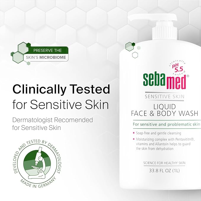 SEBAMED Sensitive Skin Face and Body Wash for Men and Women, pH 5.5, Mild Gentle Hydrating Cleanser, Hypoallergenic Body Wash, Dermatologist Recommended, 33.8 Fluid Ounces (1 Liter)